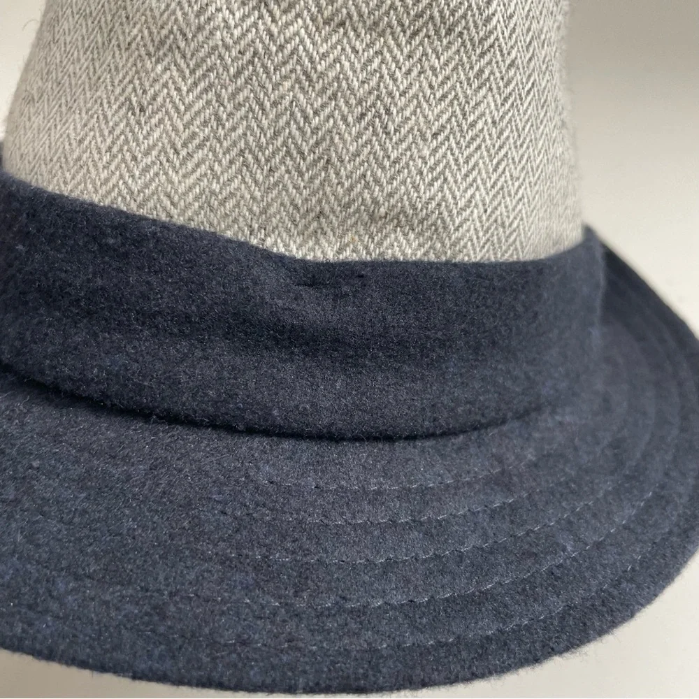 Mudpie Hat Fedora Herringbone Band Ribbed Brim Two Toned Grey Navy Blue